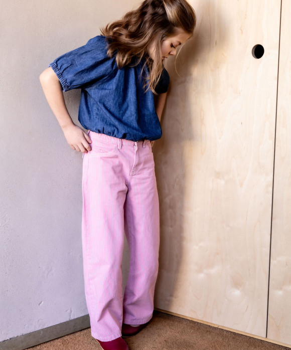 Jeans large zip rayé rose