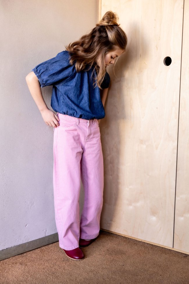 Jeans large zip rayé rose