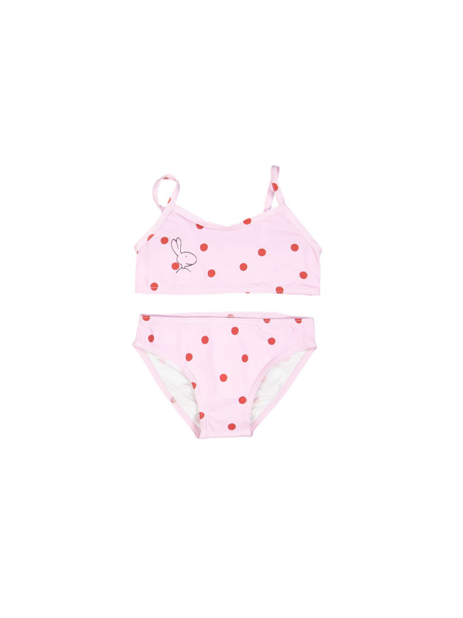 Bikini rouge à pois rose clair